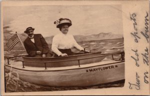 Real Photo PC Man and Woman in Studio Boat Mayflower North Baden Beach New York