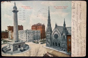 Vintage Postcard 1911 Mt. Vernon Church & Washington Monument, Baltimore, MD