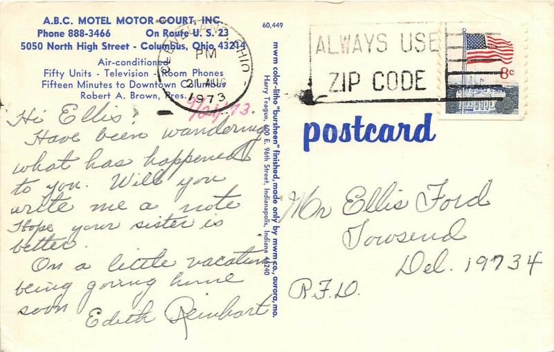 Columbus Ohio 1950s Postcard A.B.C. Motel Motor Court