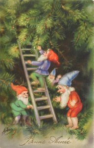 New Year 1933 greetings lovely drawn gnome dwarfs fantasy artist postcard