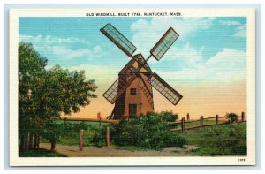 Old Windmill Built 1746 Nantucket MA Postcard Linen Vintage Unused