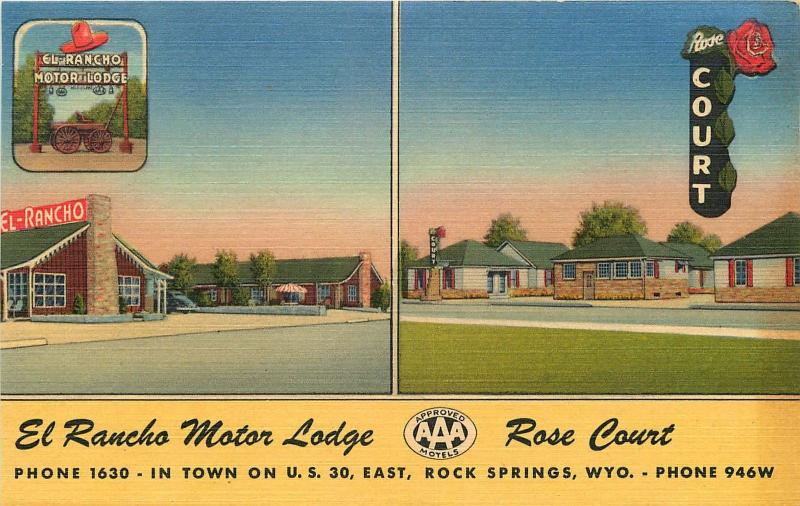 ROCK SPRINGS WYOMING EL RANCHO LODGE & ROSE COURT MOTEL CURTEICH POSTCARD c1950s