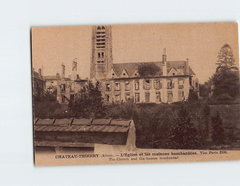 Postcard The Church and the houses Bombarded, Château-Thierry, France