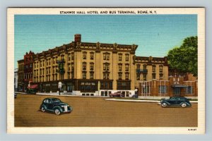 Rome NY, Stanwix Hall Hotel, Bus Terminal, Street View, Linen New York Postcard 