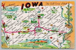 Iowa~State Map with Cities & Mini Pics~Corn~Rodeo~Farming~Continental Postcard 