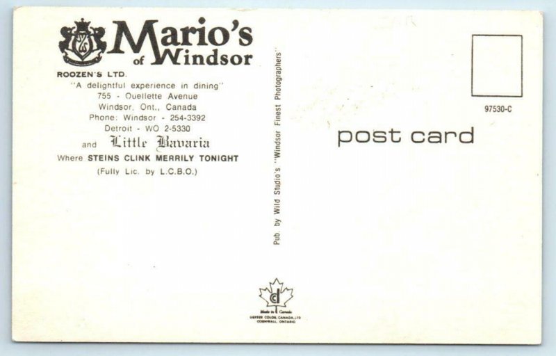 2 Postcards WINDSOR, Ontario Canada ~ MARIO'S OF WINDSOR Roadside Restaurant