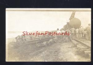 RPPC RAILROAD TRAIN CAR CRANE LOCOMOTIVE WRECK CRASH REAL PHOTO POSTCARD