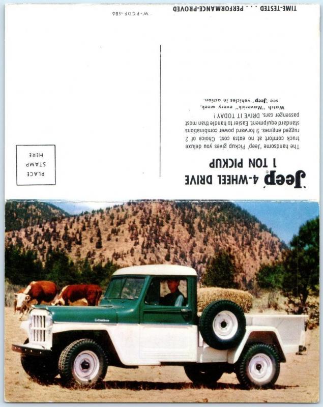 ADVERTISING Folding Postcard  JEEP 4 WHEEL DRIVE 1 TON PICKUP & Other Vehicles