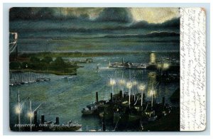 1906 Bridgeport Harbor at Night Birds Eye View Connecticut Postcard Ships Boats