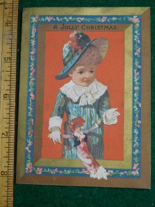 1870s-80s A Happy Christmas A McCarthy Girl w/ Hat Doll Victorian Trade Card F33