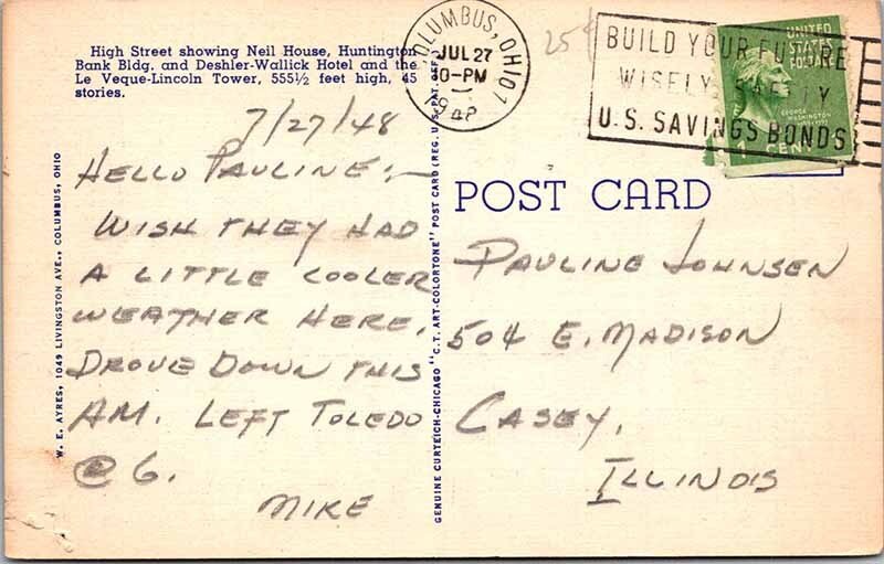 Postcard BUILDING SCENE Columbus Ohio OH AN0210