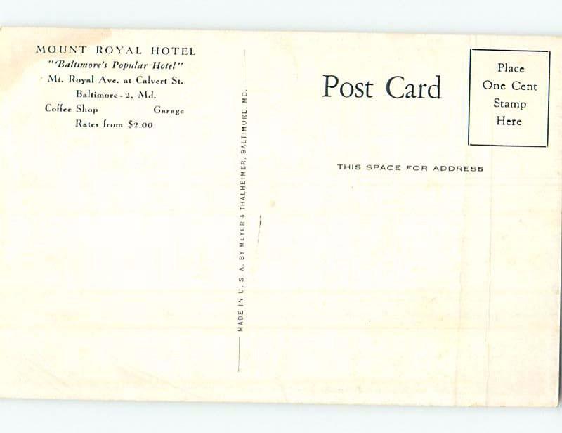 Bent Pre-1952 MOUNT ROYAL HOTEL Baltimore Maryland MD B5155