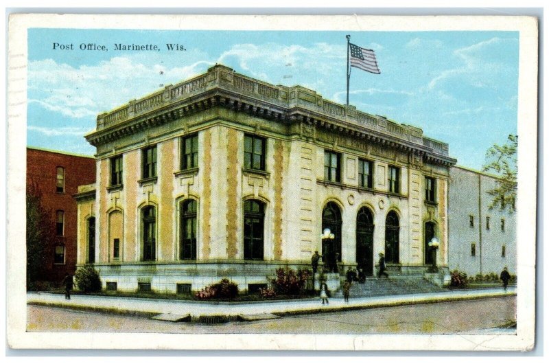 1924 Post Office Building Street View Marinette Wisconsin WI Vintage Postcard