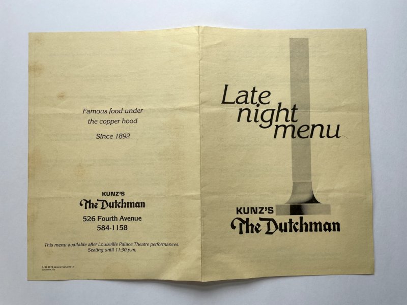 Vintage 80s KUNZ'S The Dutchman Restaurant Late Night Menu Louisville KY