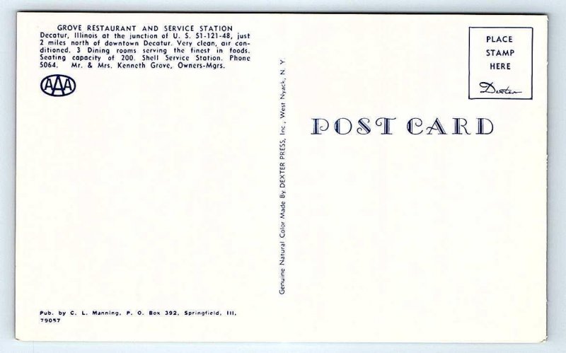 DECATUR, IL Illinois ~ GROVE RESTAURANT & GAS STATION c1960s Roadside Postcard