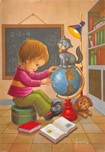 US3883 Little boy at School, Earth Globe, Dog Francis Postcard
