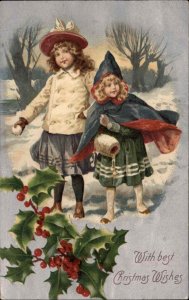 Christmas Cute Little Girls Vintage Clothing Snow Scene c1910 Vintage Postcard