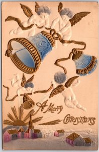 1908 A Merry Christmas Bells Angels Embossed Design Posted Postcard