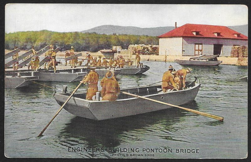 Engineers Building Pontoon Bridge Boats & Soldiers Working Used c1910s