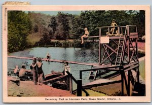 Postcard Owen Sound Ontario c1939 Swimming Pool in Harrison Park Bathers PECO