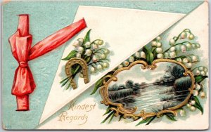1910's Kindest Regards Red Ribbon Landscape Tiny Petals Posted Postcard