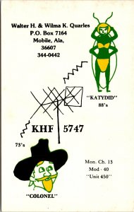 QSL Radio Postcard Alabama Mobile KHF 5747 Station Katydid & Colonel 1978 V187