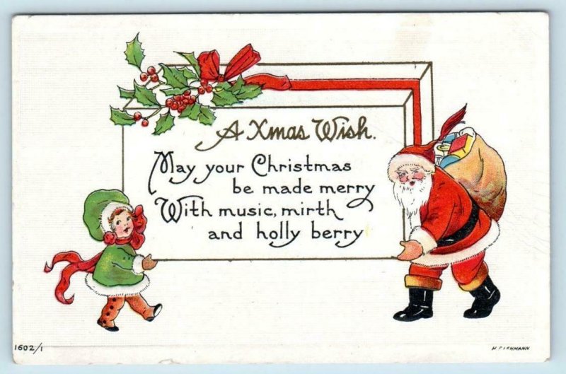 Arts and Crafts A XMAS WISH Embossed SANTA, CHILD ca 1910s  Postcard