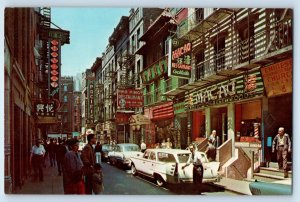 c1960 New York City Postcard Chinatown Walk Restaurant Shops Store Building