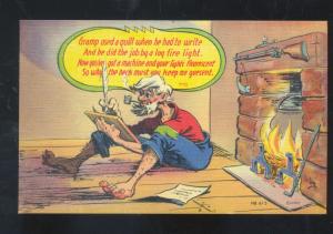 OLD MAN FIREPLACE WRITING WITH QUILL PEN VINTAGE COMIC POSTCARD MWM CO.