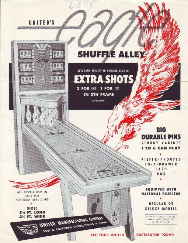 United Eagle Shuffle Alley Arcade FLYER Vintage Ephemera Puck Bowler Game 1958