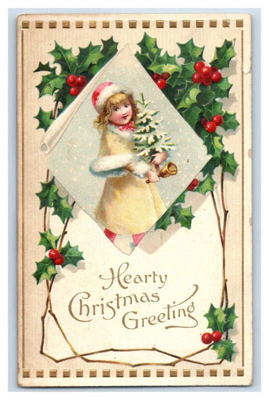 C. 1910 Girl Bell Tree Fur Snow Christmas Holly Adorable Vintage Postcard P219