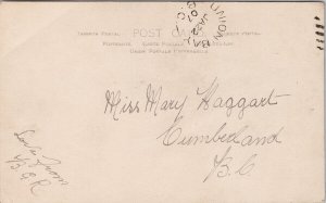 Steamship in Harbour Union Bay BC Cancel 1907 Comox Valley RPPC Postcard H25