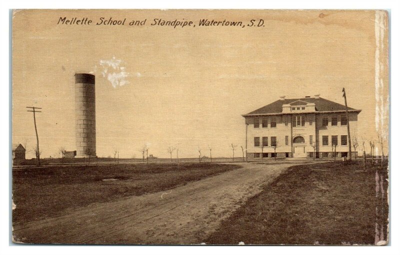 1912 Mellette School and Standpipe, Watertown, SD Postcard *6E(3)16