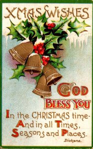 Merry Christmas With Young Gold Bells and Holly 1911