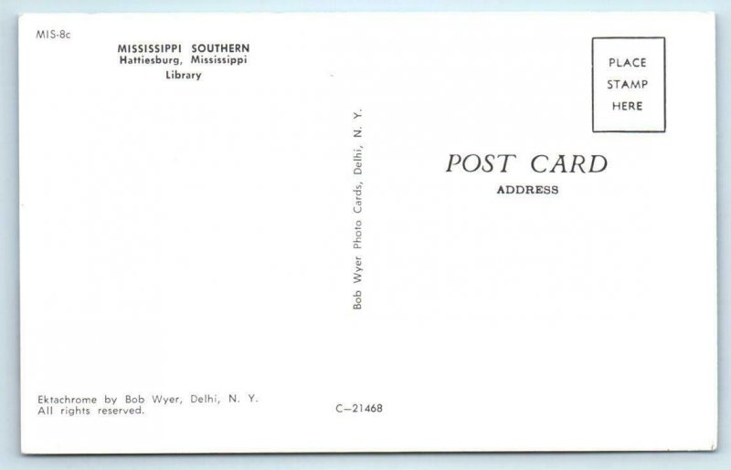 HATTIESBURG, MS ~ Library MISSISSIPPI SOUTHERN COLLEGE ca 1960s  Postcard