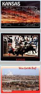 3 Postcards KANSAS, KS ~ Sunset MAP, Rodeo Scene, Feedlot Stockyard 1992 ~ 4x6