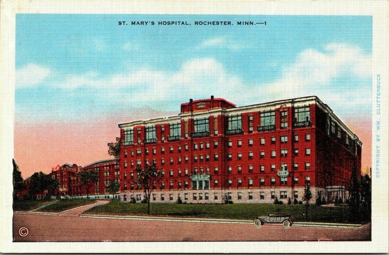 St Marys Hospital Rochester Minn Vintage Linen Postcard Old Car Cutterbuck Vtg 