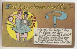 P2579 old postcard romance what do you know about that-? woman & man w/flowers
