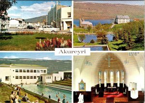 Akureyri, Iceland  STREET SCENE~SWIMMING POOL~CHURCH INTERIOR  4X6 Postcard