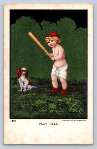 J96/ Baseball Postcard Comic c1910 Play Ball Child Dog Batter Up 187