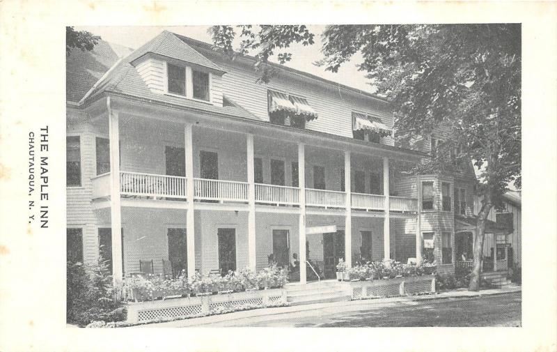 Chautauqua New York~Maple Inn~People Sitting on Covered Porch~1950s B&W Postcard