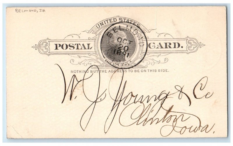 1891 WJ Young & Co Belmond Iowa IA Clinton IA Posted Antique Postal Card