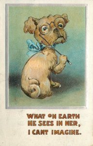 BB London Postcard E 3 Embossed Frumpy Dog In Glasses What Does He See In Her