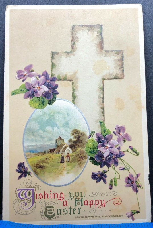 Easter Greeting Cross Purple Flowers Antique Postcard