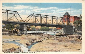 H65/ Hoosick Falls New York Postcard c1935 Shop Bridgeand Waterfall  122