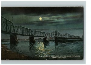 1907-15 Postcard R R Bridge By Moonlight Between Davenport Iowa & Rock Island IL 