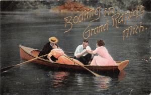 Grand Rapids Michigan~People in Wooden Row Boat~Couple Kissing~c1910 Postcard