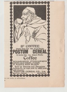 1895 Print Ad Postum Cereal Co,  Battle Creek MI, Old Guy Drinking from Bowl