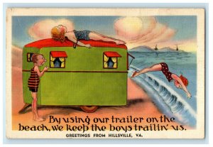 1939 Trailer on the Beach, Greetings from Hillsville VA Max Meadows VA Postcard