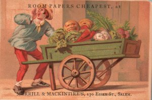 1880s-90s Man Pushing Cart Vegetables w/ Faces Merrill & Mackintires Trade Card